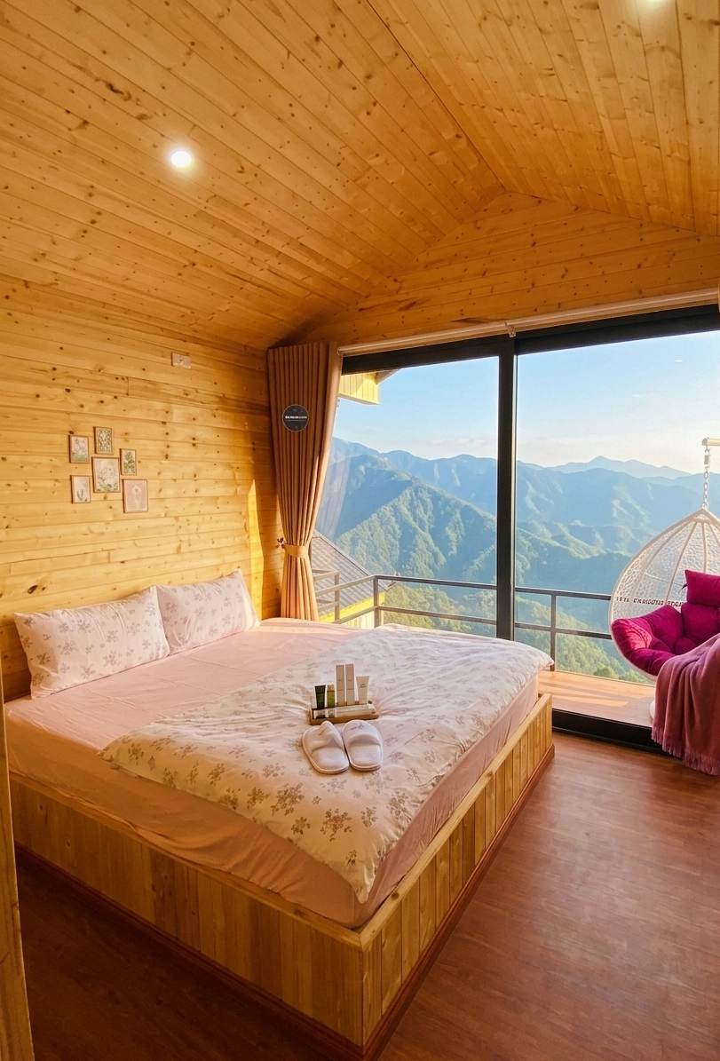 Sunset bedroom with panoramic mountain window
