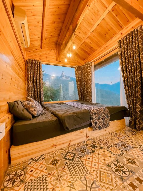 Patterned floor bedroom with mountain view